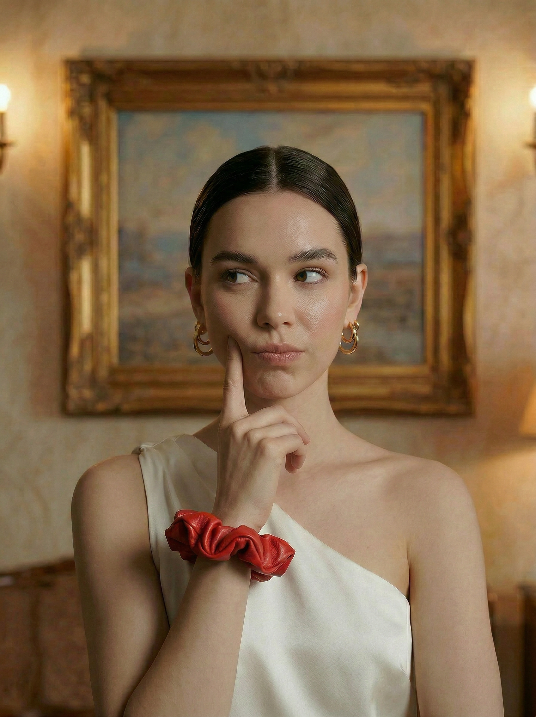 Woman in a white dress with a red hair scrunchie in her wrist in a room with a painting on the wall